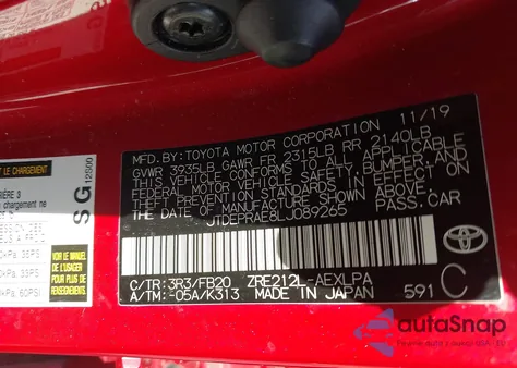 2020 Toyota Corolla Le z USA, uszkodzony, nr VIN JTDEPRAE8LJ089265